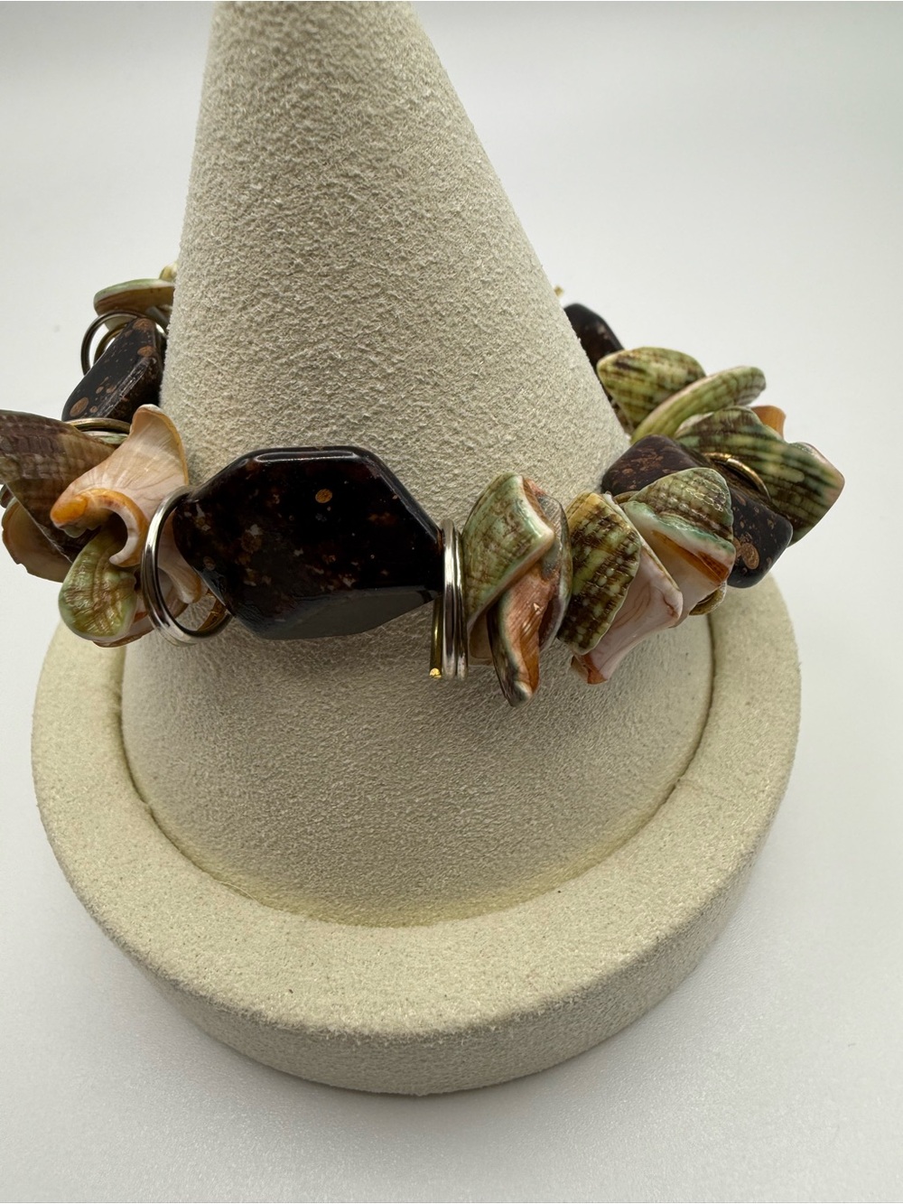 Shell Bead Bracelet in Green and Brown Tones